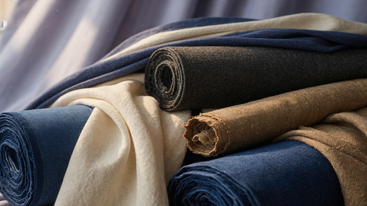 Stacked luxury fabric rolls in indigo, ivory, and bronze tones