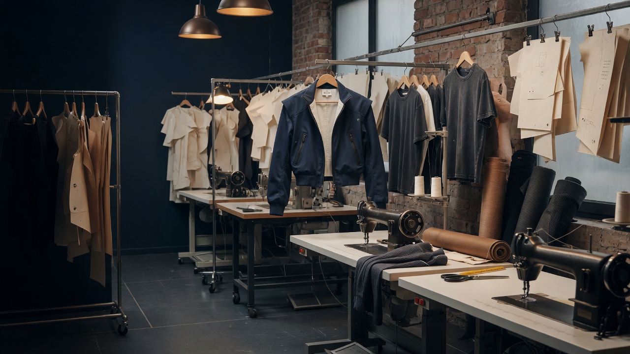 Modern apparel production studio with sewing machines and garment samples